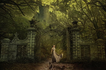 Frau, Schloss, Fantasie, verzaubert, Turm, Natur, Wald, Tor, Festung, mystisch, geheimnisvoll