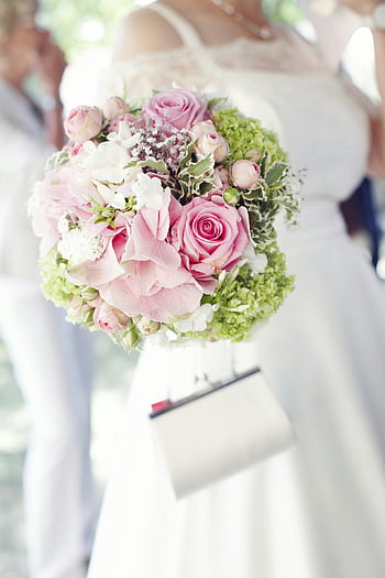 fiore rosa, avvicinamento, bellissimo bouquet, Rose, sposa, vestito bianco, nozze, composizione floreale, rose rosa, mazzo, bouquet da sposa