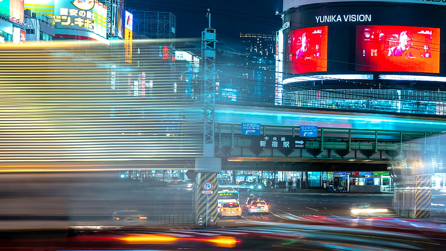 Tokyo, Japan, night, cityscape, light trails, urban, traffic, motion blur, neon signs, architecture, street scene