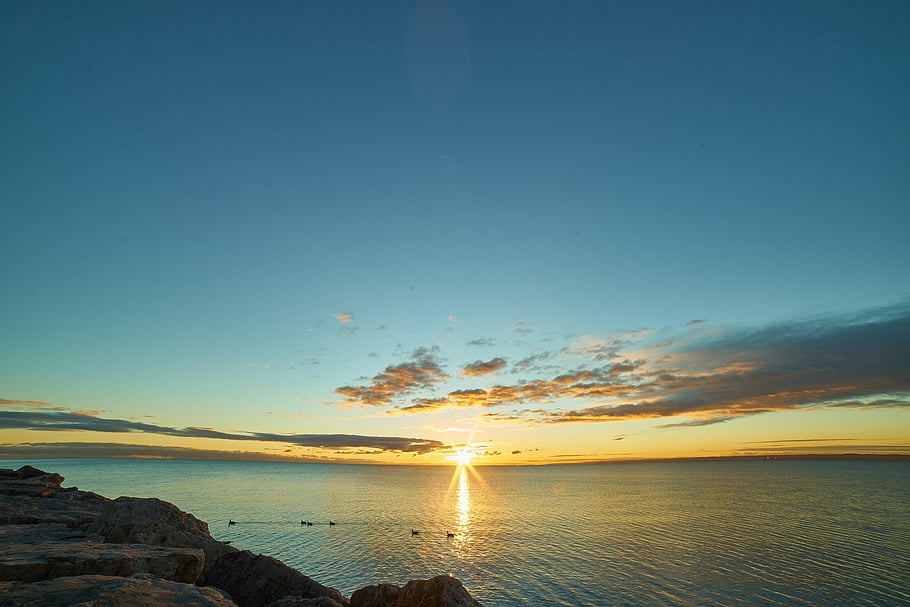 Kanada, jezero ontario, Příroda, nebe, mraky, svítání