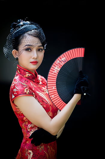 Cheongsam, 유행, 여자, 베트남 사람, 빨간 치파오, 전통적인, 손 부채, 장갑, 머리 장식, 스타일, 드레스