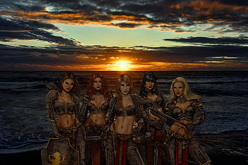 warriors, women, ocean, sunset, fantasy, background