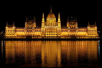 budova maďarského parlamentu, Dunaj, noční výhled, svítí, odraz, budapešť, architektura, mezník, Evropa, panoráma města, voda