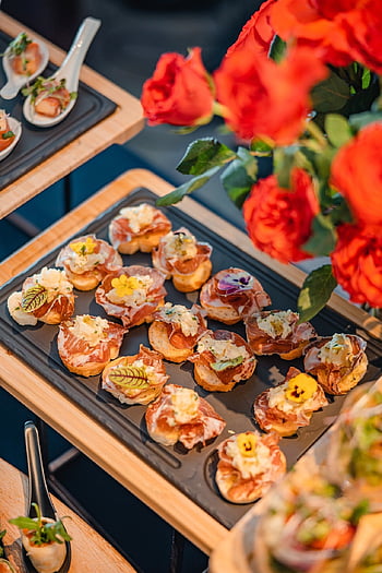 buffet, food, canapes, snack, spoon, finger Food