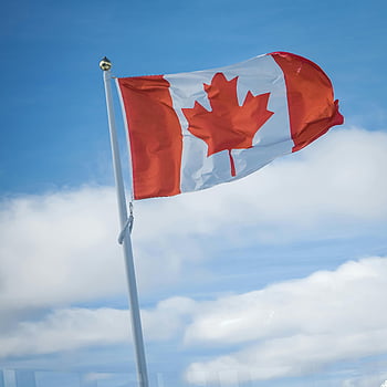 Canadian flag, bright blue sky, fluffy clouds, waving flag, maple leaf, Canadian symbol, outdoor scene, flagpole, clear sky, national flag, Canada