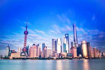 shanghai skyline, blå himmel, orientalske pereltårn, Moderne skyskrabere, Levende bybillede, shanghai city, bylandskab, ikoniske vartegn, Shanghai Arkitektur, skyline fotografering, by panorama