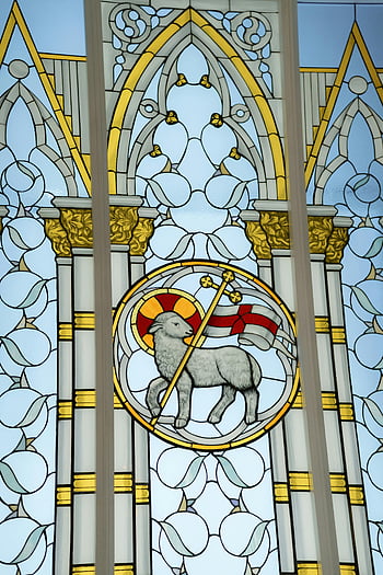 vitráže, okno kostela, náboženská symbolika, luteránské církve, vitráž, náboženské umění, interiér kostela, sklo umění, Církevní dekorace, symbol jehněčího, gotická architektura