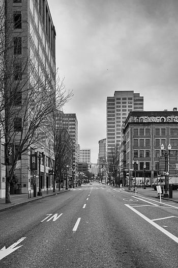 empty street, city, grayscale, urban street, tall buildings, empty sidewalks, deserted, black and white, cityscape, urban landscape, street scene