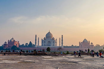 Taj Mahal, sunset, tourists, iconic site, scenic view, India, Agra, travel, architecture, landmark, exploration