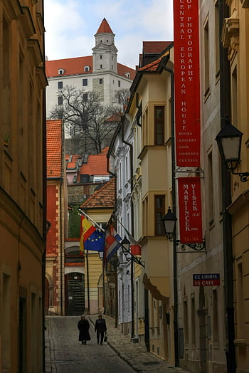 Bratislava, Bratislava Castle, charming street, Slovakia, European architecture, cobblestone street, Central European House, historic buildings, old town, cityscape, flags