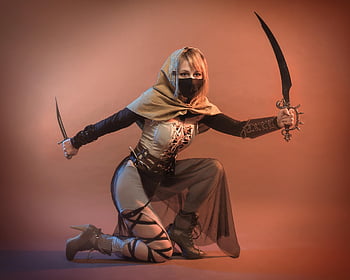cosplay, fantazie, Assassinovo vyznání, bojovník, kostým, žoldák, zabiják, žena, vrah, šavle, dýka