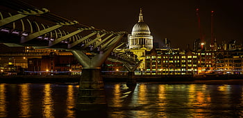 Millennium Bridge, St Paul's Cathedral, London, night shot, River Thames, illuminated, cityscape, urban night, architectural photography, landmark, bridge