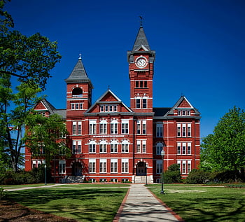 Samford Hall, Auburn University, red building, clock tower, sunny day, front view, iconic clock tower, university building, historic architecture, campus landmark, Alabama