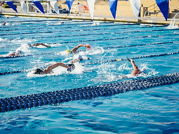 olympisk swimmingpool, udendørs pool, svømmere, der konkurrerer, atletisk udholdenhed, svømmeteknik, gruppe af svømmere, Konkurrencedygtig svømning, udendørs konkurrence, svømmebegivenhed, poolløb, atletisk præstation
