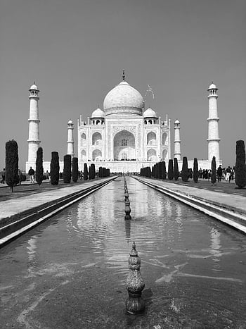 Taj Mahal, černobílé fotografie, Černý a bílý, islámské architektury, klidný odraz, historické památky, agra, Indie, kulturní památka, Architektonický zázrak, cíl cesty