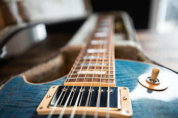 Blue and Brown Guitar, electric guitar, close-up, strings, frets, detailed, guitar strings, guitar frets, musical instrument, guitar body, guitar neck