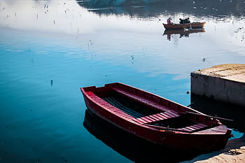 boat, river, water, yamuna Ghat, nature, lake, morning, blue, india, landscape, tourism