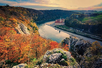 výhled, taneční soutěska, hrad, Weltenburg, podzim, Dunaj, předvečer, soumrak, západ slunce, krajina, Příroda