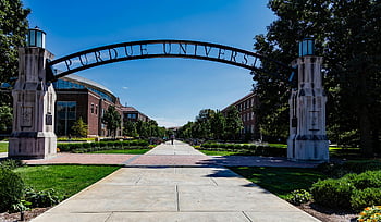 purdue univerzita, vstupní oblouk, jasné modré nebe, pohled, univerzitní kampus, venkovní scénu, Akademická instituce, kampusová architektura, Vzdělávací orientační bod, Vstup kampusu, Univerzitní brána