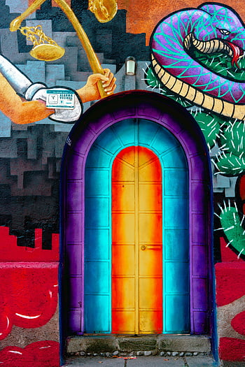 farbenfrohe Kunstwerke, Street Art Wandbild, Mexiko Stadt, bunte Tür, komplizierte Designs, städtische Kunst, wandmalerei, farbenfrohes Wandgemälde, Straßenwandgemälde, Lebendige Kunst