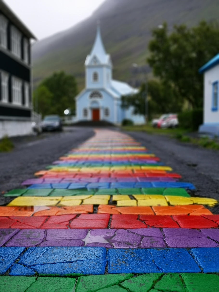 rainbow, church, nature, people, tiles, colors