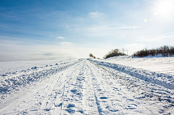 road, pathway, snow, frost, traces, cold, sun, frozen, sky, nature, sunlight