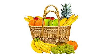 jídlo, ovoce, nakupování, košík, vitamíny, banán, hrozny, oranžový, jablko, odstranit, zdravý