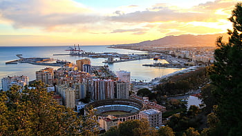 letecký pohled, malaga, Španělsko, západ slunce, přístav, Kultovní býk, hory, Pozadí, podmanivý, panoráma města, panoráma