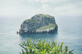 island, islet, landscape, rocks, sea, fog, nature, horizon