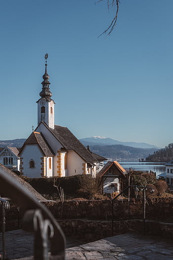 church By The Lake, mountain Backdrop, winter Scene, serene Landscape, peaceful Village, old-world Charm, architectural Beauty, crisp Morning, scenic View, rural Retreat, spiritual Haven