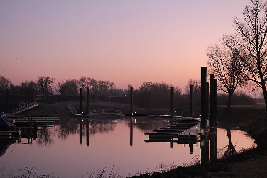 hitzacker, marina, svítání, romantika, zimní, ranní náladu, Příroda, umlčet, voda, lodí, wendland