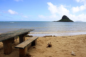 ocean coast landscape, beach, bench, blue sky, calm, coast, coastline, empty, horizon, island, land