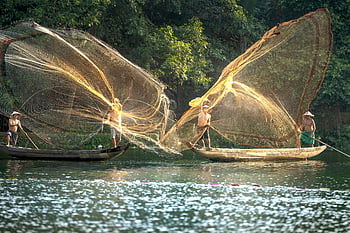 pescatori vietnamiti, reti di lancio, fiume tranquillo, peschereccio, pesca tradizionale, stile di vita rurale, vista panoramica, rete da pesca, attività all'aperto, Alba, Vietnam