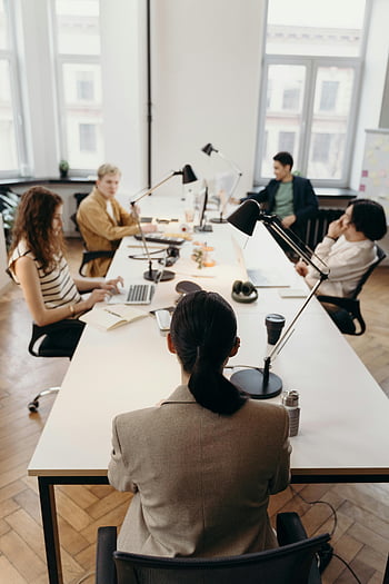 business meeting, modern office, diverse colleagues, collaborative meeting, office environment, professional setting, team discussion, workplace interaction, conference table, office workers, business people