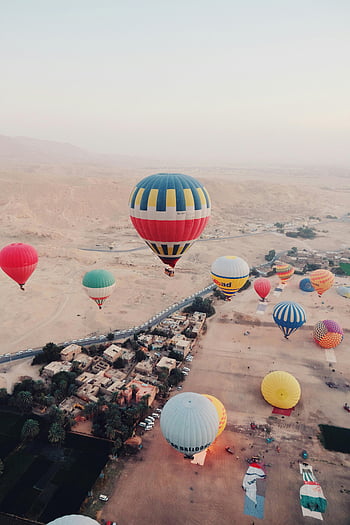 horkovzdušné balóny, luxor, pouštní město, vyprahlá krajina, Egypt, letecký pohled, barevné balónky, poušť, panoráma města, cestovat, dobrodružství