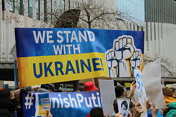 protest, Vancouver, banners, Ukraine, demonstration, placards, urban backdrop, stand with Ukraine, anti-Putin, rally, crowd
