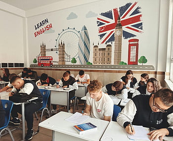 tanterem, angol tanulás, Brit téma, diákok, angolóra, Brit dekoráció, falfestmény, tanulj angolul, Britt zászló, London látványosságai, piros telefonfülke