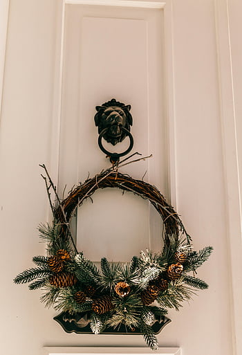 Christmas wreath, pinecones, fir branches, white door, decorative knocker, lion knocker, elegant wreath, holiday decor, festive wreath, door decoration, winter wreath