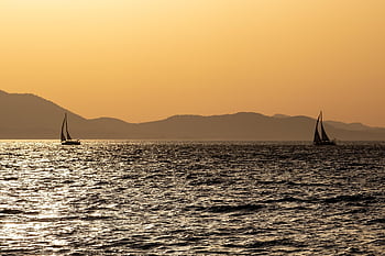 sunset, sea, boats, ocean, mountains, evening Atmosphere, evening Sky, horizon, sundown, nature, twilight
