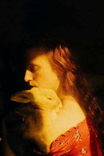 dreamy woman, rabbit, sunny day, serene portrait, soft sunlight, embracing rabbit, woman with rabbit, dreamy atmosphere, natural light, peaceful scene, red dress