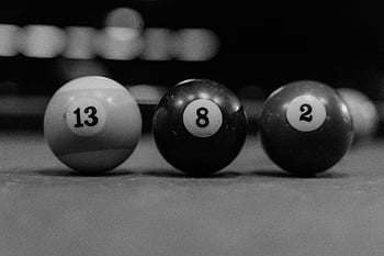 billiard balls, close-up shot, black-and-white, depth of field, pool table, number 13, number 8, number 2, billiards, sports, recreation