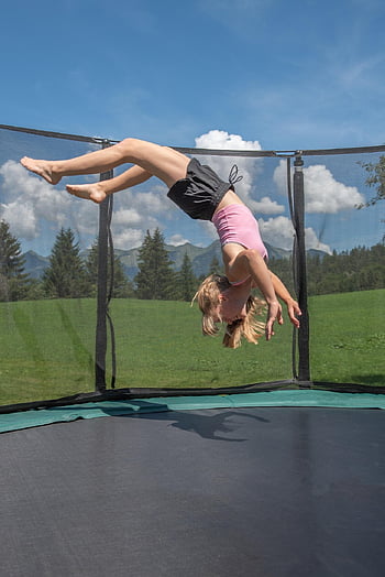 dívka, trampolína, skok, sportovní, atletický, venku, skákání
