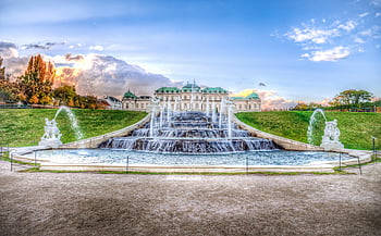 Belvedere Palace, water fountain, castle, lush gardens, dynamic fountains, bright sky, Vienna, Austria, historical architecture, outdoor scenery, sunset view