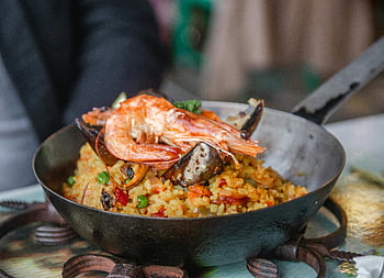Spanish dish, seafood paella, shrimp, mussels, rustic pan, traditional Spanish, savory seafood, perfectly cooked, paella recipe, Spanish cuisine, seafood dish