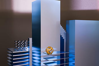 3D model, soccer ball, futuristic architecture, geometric shapes, reflective surfaces, minimalist setting, abstract design, modern art, digital art, architectural design, 3D rendering