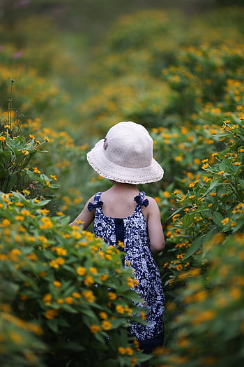 kid, girl, dress, flower Background, hat, outdoors, field, beautiful Flowers, portrait, childhood, flowers