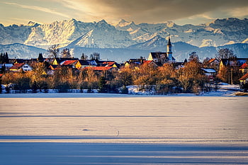 alps, panorama, church, village, location, foothills, hairdryer, foresight, snow, winter, cold