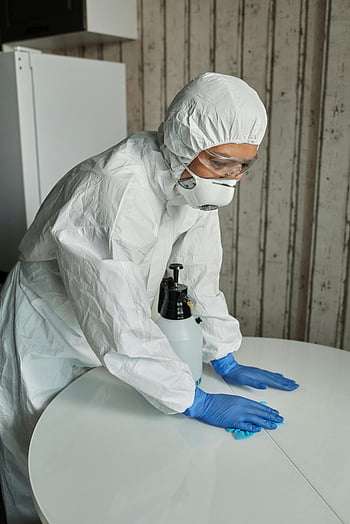 ppe, czyszczenie, stół, pracownik służby zdrowia, odzież ochronna, dezynfekować, butelka z rozpylaczem, wewnątrz, Białe Środki Śpiewania, Pełny sprzęt ochronny, Czyszczenie stołowe