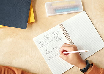 person writing, notebook, geometric formulas, student, hand writing, desk, study, homework, education, pencil, spiral notebook