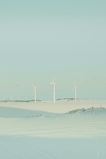 větrné turbíny, pláž, písečné duny, Cumbe, Brazílie, čisté nebe, klidný, obnovitelná energie, pobřežní, krajina, síla větru